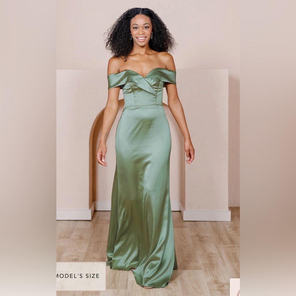 Revelry Bardot Satin dress size 6 Sage 742. Hemmed- I’m 5’2, 3 in heels